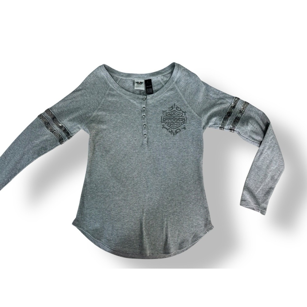 Harley Davidson Y2k Henley True Legend‎ Thermal Top Sequin Bling Womens Large